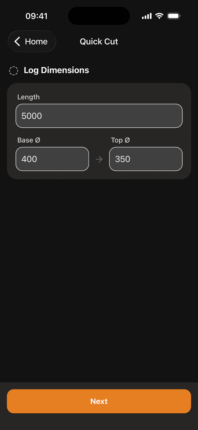 Enter log dimensions and store the order
