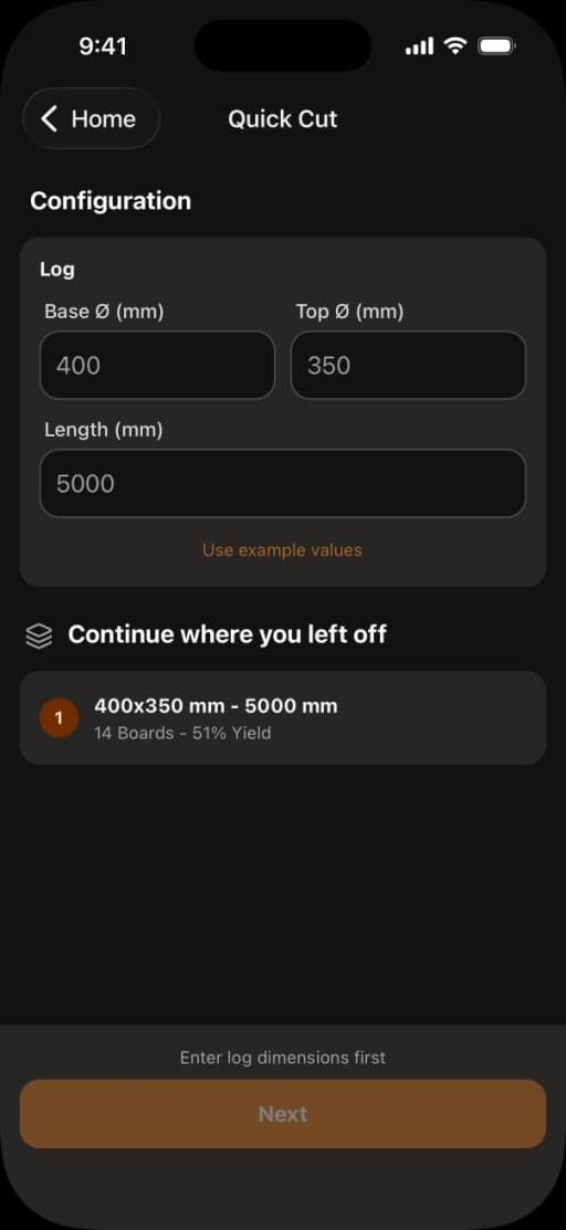 Enter log dimensions and store the order